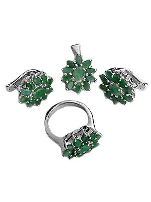 Faceted Emerald Flower Pendant with Earrings and Ring Set