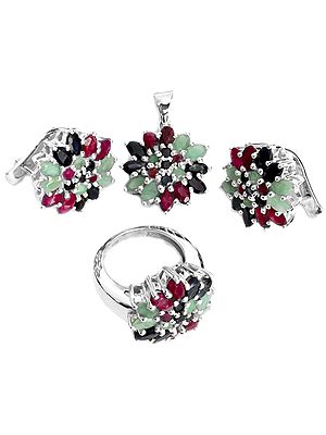 Faceted Triple-Gems Pendant with Earrings and Ring Set (Ruby, Emerald and Sapphire)