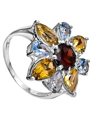 Faceted Gemstone Flower Ring (Blue Topaz, Citrine and Garnet)