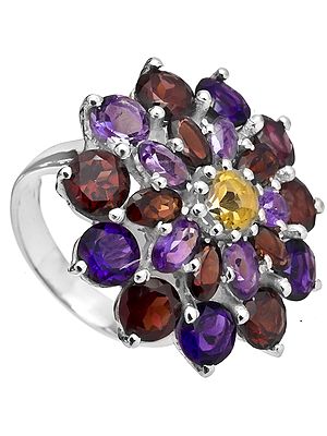 Faceted Gemstone Flower Ring (Amethyst, Garnet and Citrine)