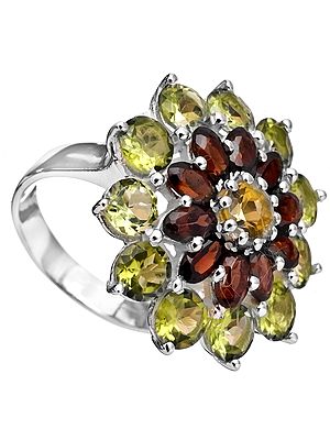 Faceted Triple-Gems Flower Ring (Peridot, Garnet and Citrine)