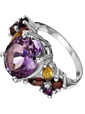 Faceted Triple Gemstone Ring (Amethyst, Garnet and Citrine)
