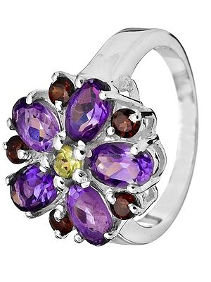Faceted Gemstone Ring (Peridot, Garnet and Amethyst)