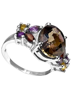 Faceted Smoky Quartz Ring with Amethyst, Garnet and Citrine