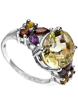 Faceted Green Amethyst Ring with Garnet, Amethyst and Citrine