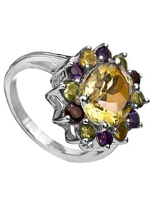 Faceted Citrine Ring with Garnet, Peridot and Amethyst