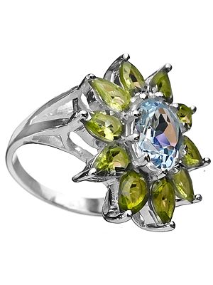 Faceted Blue Topaz with Peridot Ring