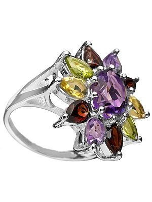 Faceted Gemstone Flower Ring (Amethyst, Garnet, Peridot and Citrine)