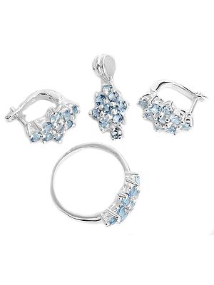 Faceted Blue Topaz Pendant with Earrings and Ring Set
