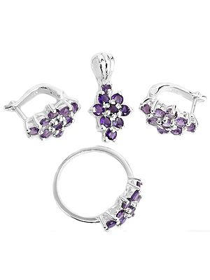 Faceted Amethyst Pendant with Earrings and Ring Set