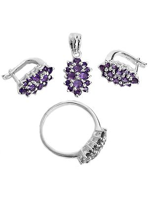 Faceted Amethyst Pendant with Earrings and Ring Set