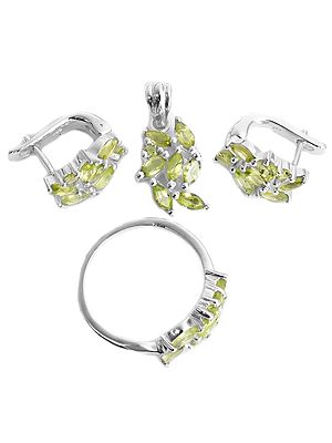 Faceted Peridot Pendant with Earrings and Ring Set