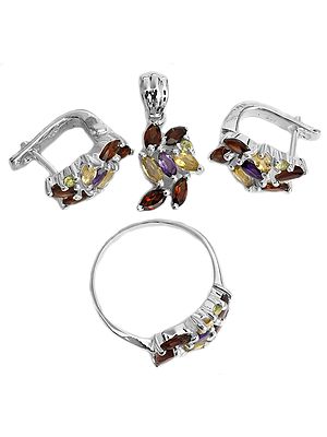 Faceted Gemstone Pendant with Earrings and Ring Set (Garnet, Amethyst, peridot and Citrine