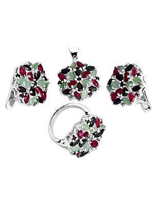 Faceted Gemstone Pendant with Earrings and Ring Set (Emerald, Ruby and Sapphire)