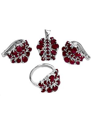 Faceted Ruby Pendant with Earrings and Ring Set