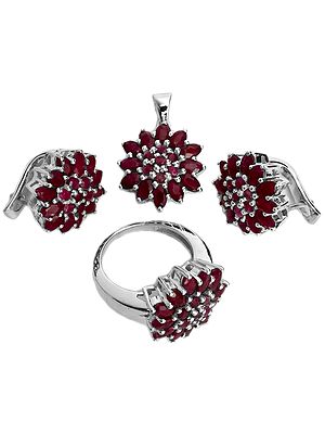 Faceted Ruby Pendant with Earrings and Ring Set