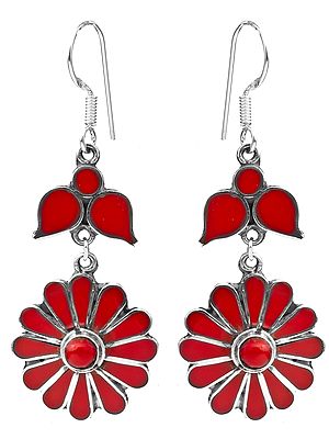 Hot-Pink Blooming Flower Inlay Earrings