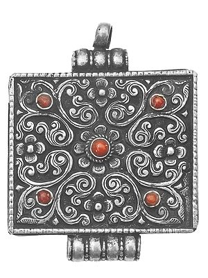 Sterling Handcarved Nepalese Gau Box Pendant with Coral