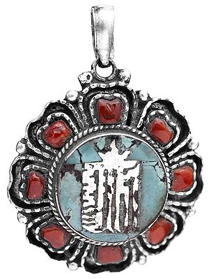 The Ten Powerful Syllables of The Kalachakra Mantra Inlay Pendant with Coral