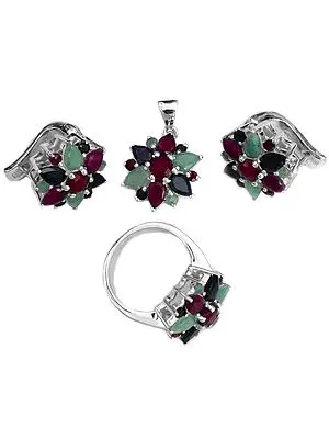 Faceted Triple Gemstone Pendant, Earrings with Ring Set (Emerald, Ruby and Sapphire)