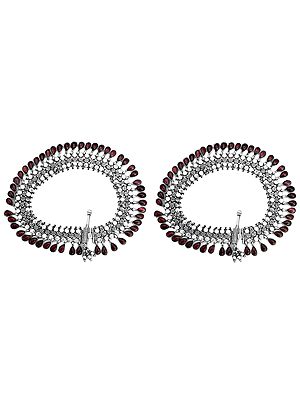 Garnet Anklets with Sterling Flowers (Price Per Pair)