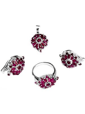 Faceted Ruby Pendant with Stud Earrings and Ring Set