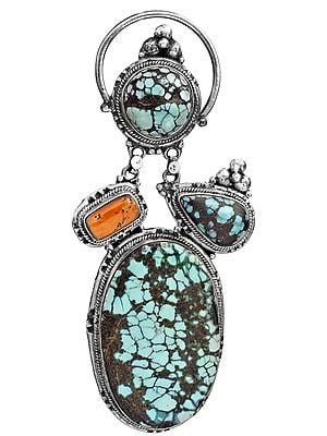 Spider's Web Turquoise Large Pendant with Coral