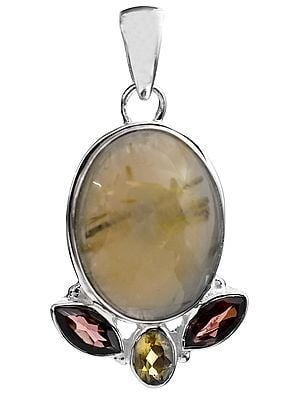 Rutilated Quartz Pendant with Faceted Garnet and Citrine
