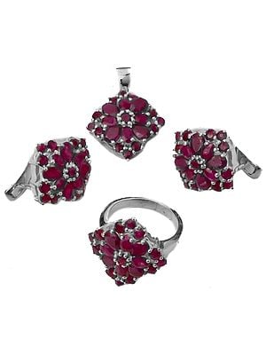 Faceted Ruby Pendant with Earrings and Ring Set - Sterling Silver
