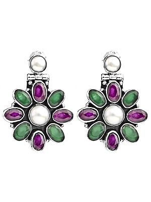 Gemstone Flower Post Earrings (Green Onyx, Pearl and Ruby)