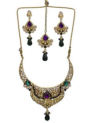 Purple and Green Cut Glass Necklace Set with Mang Tika