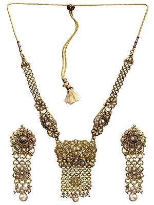 Faux Pearl Linked Necklace Set with Cut Glass