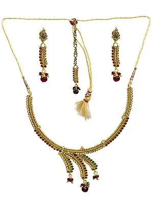 Designer Faux Ruby and Emerald Necklace with Earrings and Tika Set