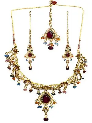 Multi-Color Polki Floral Necklace with Earrings and Mang Tika Set