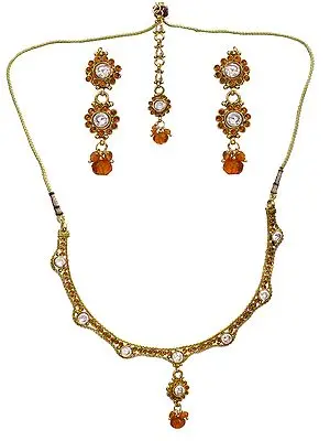 Orange Cut Glass Polki Necklace with Earring and Tika Set