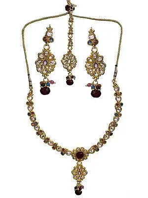 Multi-Color Floral Polki Necklace Set with Mang Tika