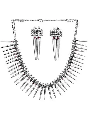 Statement Spikes Necklace With Spike Drop Earrings, Studded With Pink Gems