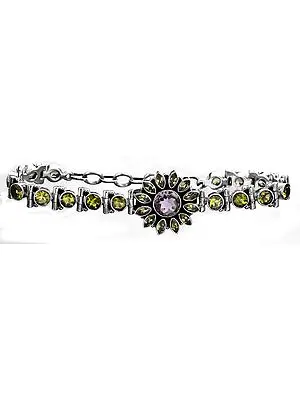 Faceted Peridot and Amethyst Bracelet Central Flower
