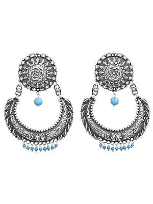 Flowers Crescent-Shape Earrings with Turquoise (South Indian Temple Jewelry)