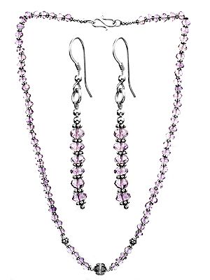 Faceted Amethyst Beaded Necklace with Matching Earrings Set