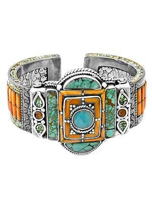 Ladakh Sterling Silver Cuff with Coral and Turquoise Gemstone Inlay