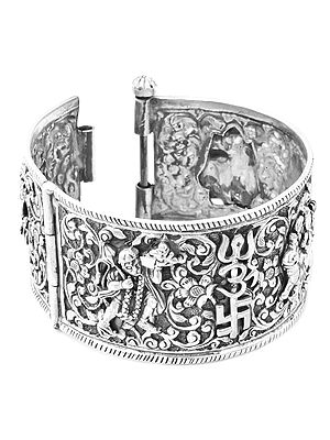 Intricately Engraved Cuff Bracelet: Ganesha, Hanuman, Durga, Radha-Krishna, Om, and Swastika Symbols