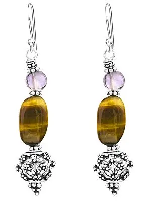 Tiger-Eye and Amethyst Earrings with Sterling Bead
