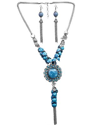 Blue Tassel Long Necklace with Earrings Set