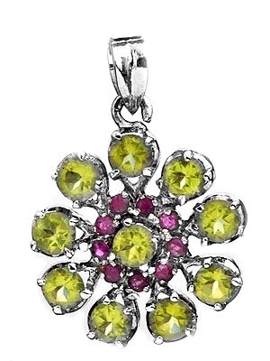 Faceted Peridot Flower Pendant with Ruby