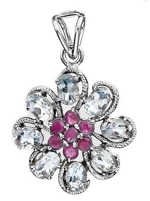 Flower Pendant with Faceted Blue Topaz and Ruby