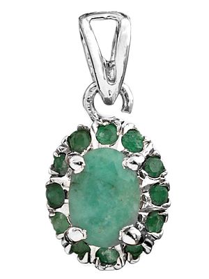 Oval Emerald Pendant with Sterling Silver Halo