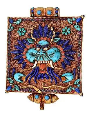 Museum-Quality Garuda Gau Box Gemstone Pendant with Filigree (Coral, Lapis Lazuli and Turquoise) -  Made in Nepal