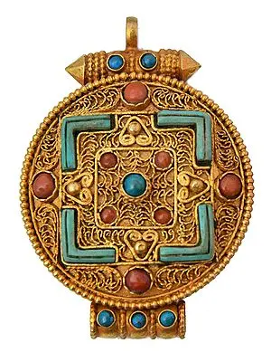 Mandala Gau Box Pendant with Filigree, Coral and Turquoise   - Made in Nepal