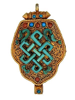 Endless Knot  Gau Box Pendant  (Coral, Turquoise and  Filigree)   - Made in Nepal